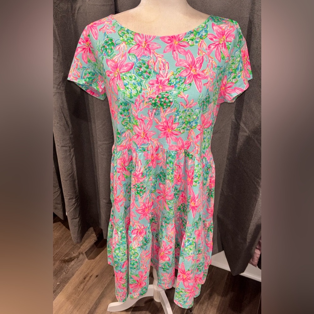 NWOT Lilly Pulitzer Geanna Dress Surf Blue So Shellegant Large Tropical Cotton - Picture 12 of 14